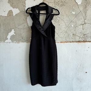 Black Cocktail Halter Dress Satin Collar Ruched Bodycon Size 8 Adrianna Papell